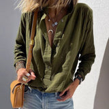 Casual Loose And Stylish Long Sleeves Cotton And Linen Solid Color Retro Button Pullover Shirt